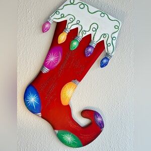 Festive Red Christmas Metal Stocking with Colorful Lights Hang or Stake in a Pot